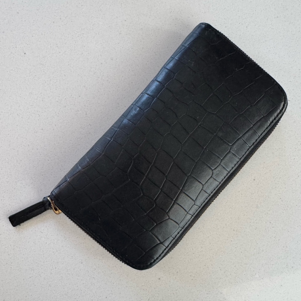 Clare V long leather wallet black and green interior